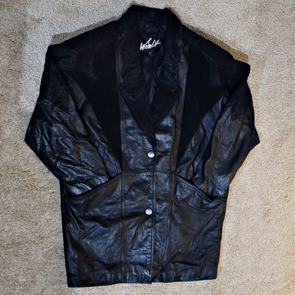 Winlit ✦ 80s Black Genuine Leather Trench Coat ✦ Paneled Longline Vintage Broad - Picture 2 of 16